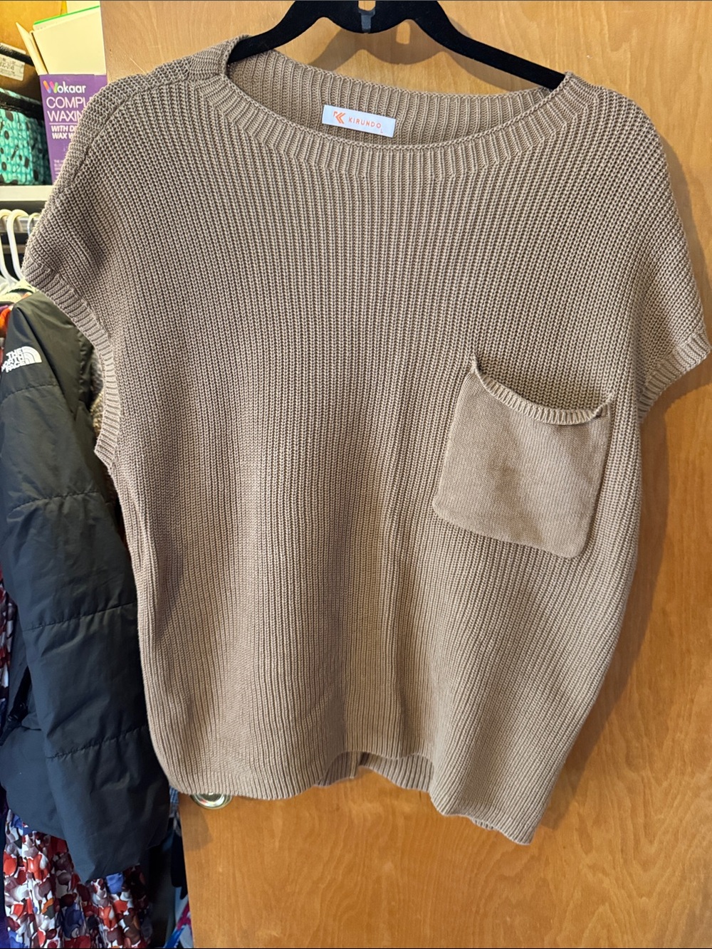 Kinrundo Taupe Scoop-Neck Knit Top with Front Pocket